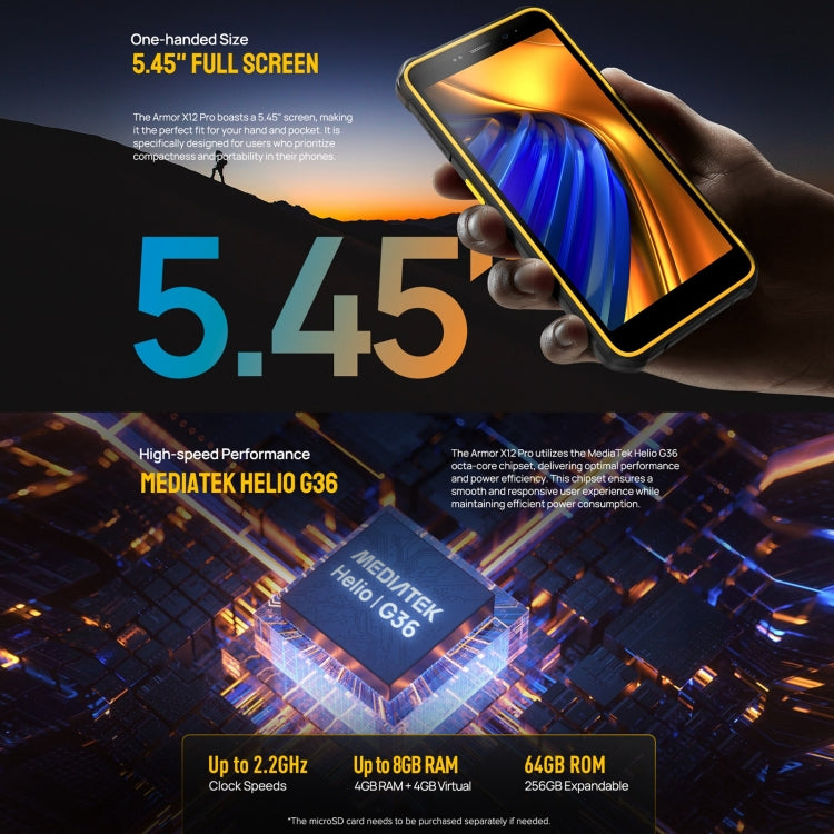 Ulefone Armor X12 Pro, IP68/IP69K Rugged Phone, 5.45 inch Android 15 MediaTek Helio G36 Octa Core, Network: 4G, NFC, 4GB+64GB