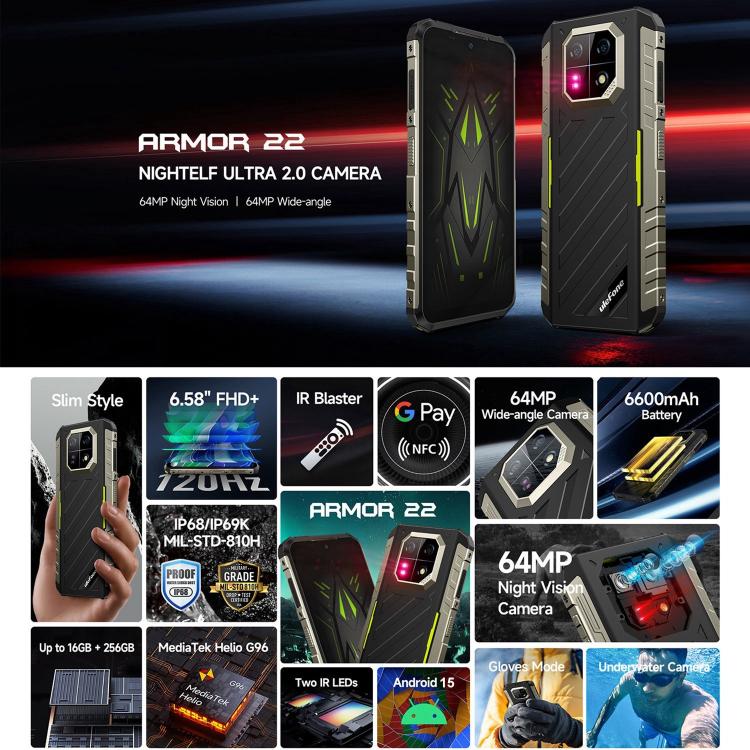 Ulefone Armor 22, IP68/IP69K Rugged Phone, 6.58 inch Android 15 MediaTek Helio G96 Octa Core, Network: 4G, NFC, OTG, 8GB+128GB, 8GB+256GB