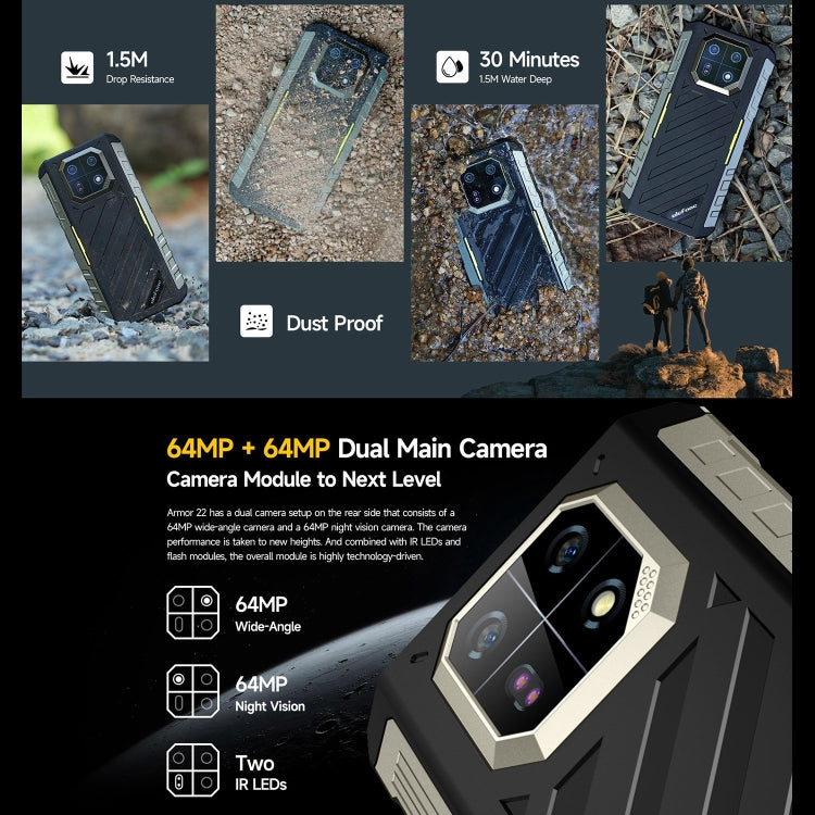 Ulefone Armor 22, IP68/IP69K Rugged Phone, 6.58 inch Android 15 MediaTek Helio G96 Octa Core, Network: 4G, NFC, OTG, 8GB+128GB, 8GB+256GB