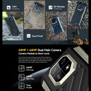 Ulefone Armor 22, IP68/IP69K Rugged Phone, 6.58 inch Android 15 MediaTek Helio G96 Octa Core, Network: 4G, NFC, OTG, 8GB+128GB, 8GB+256GB