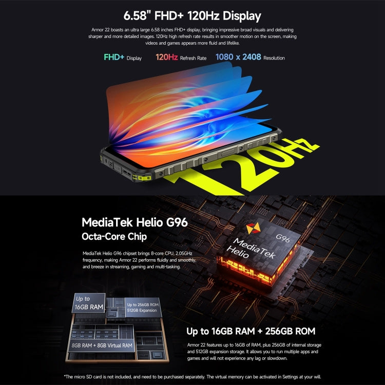 Ulefone Armor 22, IP68/IP69K Rugged Phone, 6.58 inch Android 15 MediaTek Helio G96 Octa Core, Network: 4G, NFC, OTG, 8GB+128GB, 8GB+256GB