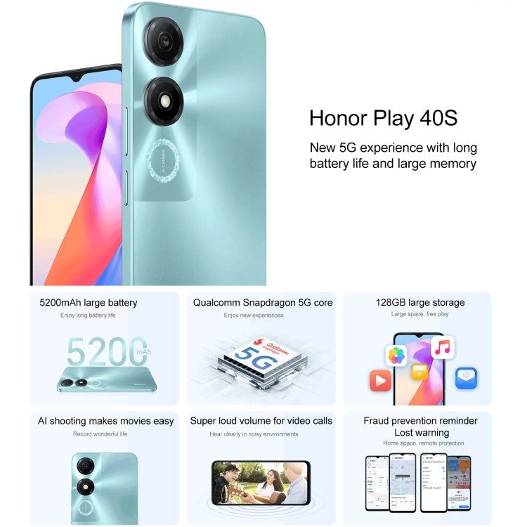Honor Play 40S 5G, 6.56 inch MagicOS 7.1 Snapdragon 480 Plus Octa Core up to 2.2GHz, Network: 5G, Not Support Google Play