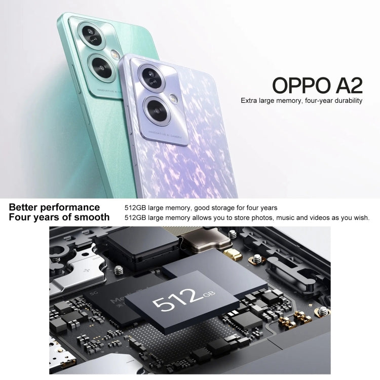 OPPO A2, Side Fingerprint,  6.72 inch ColorOS 13.1 Dimensity 6020 Octa Core up to 2.2GHz, OTG, Network: 5G, 12GB+256GB, 12GB+512GB