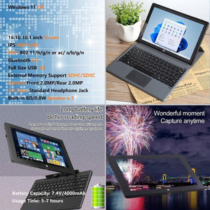 HONGSAMDE 10.1 inch 2 in 1 Tablet PC, Windows 11, Intel Celeron J4105 Quad Core with Keyboard