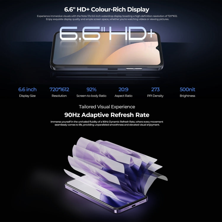 HOTWAV Note 13, Side Fingerprint Identification, 6.6 inch Android 13 T606 Octa Core up to 1.6GHz, Network: 4G, OTG