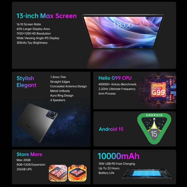 Teclast T65 Max Tablet PC 13 inch,  Android 15 MediaTek Helio G99 Octa Core, 4G LTE Dual SIM, T65 Max