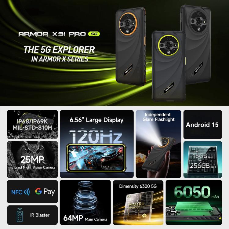 Ulefone Armor X31 Pro 5G, 8GB+256GB, Night Vision, IP68/IP69K Rugged Phone, 6.56 inch Android 14 MediaTek Dimensity 6300 Octa Core, Network: 5G, NFC, OTG, Armor X31 Pro