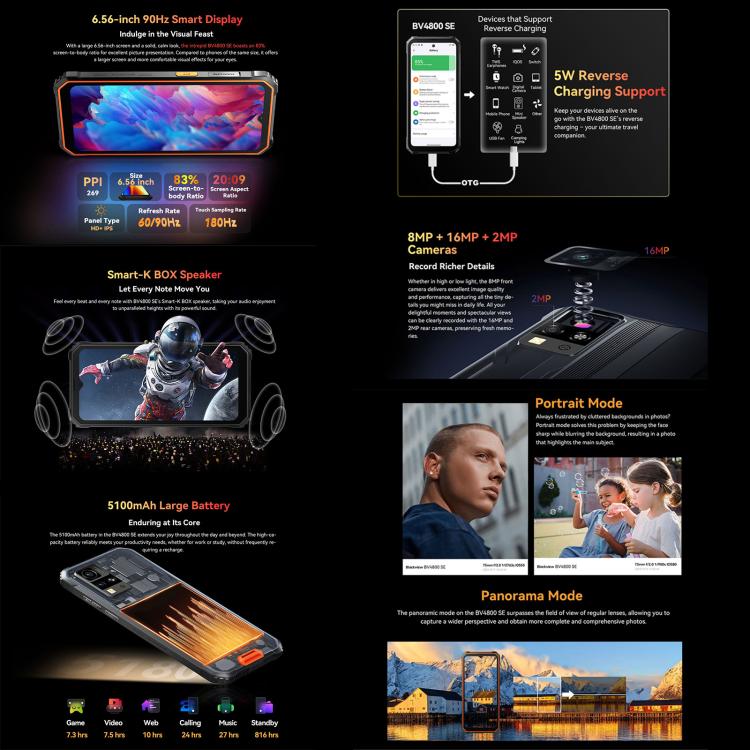 Blackview BV4800 SE Rugged Phone, 4GB+64GB, 6.56 inch Android 15 UMS9320E T615 Octa Core, Network: 4G, OTG, NFC, BV4800 SE 4GB+64GB