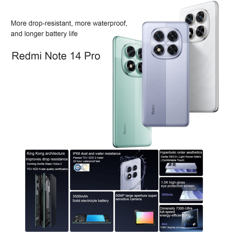 Xiaomi Redmi Note 14 Pro, 8GB+128GB, 6.67 inch Xiaomi HyperOS Mediatek Dimensity 7300-Ultra Octa Core, NFC, Network: 5G, 8GB+128GB