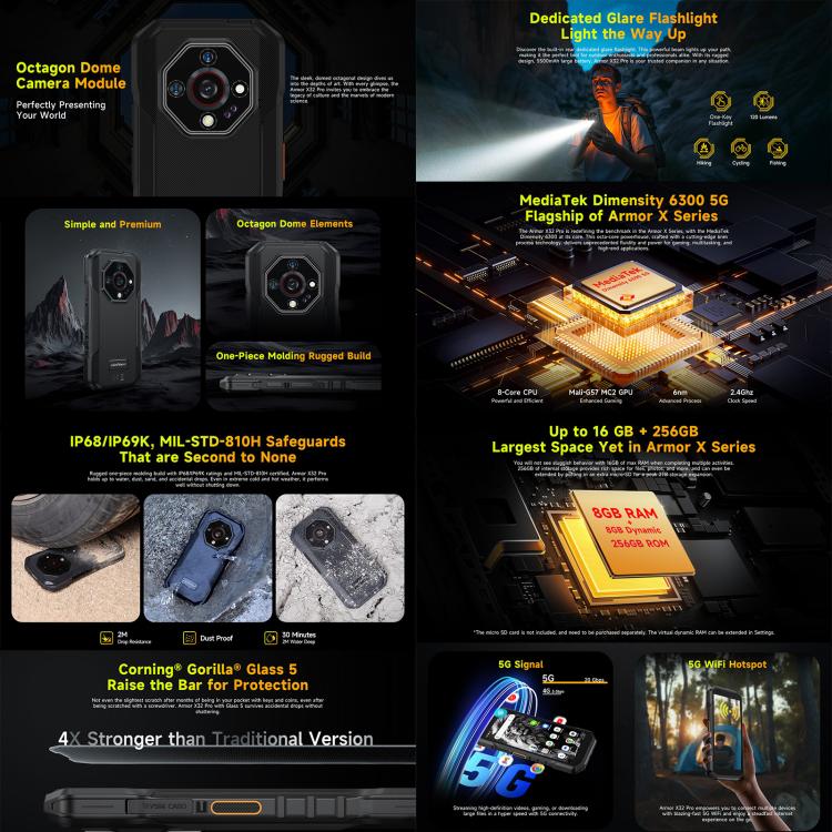 Ulefone Armor X32 Pro 5G, 8GB+256GB, Night Vision, IP68/IP69K Rugged Phone, 5.65 inch Android 14 MediaTek Dimensity 6300 Octa Core, Network: 5G, NFC, OTG, Armor X32 Pro 5G