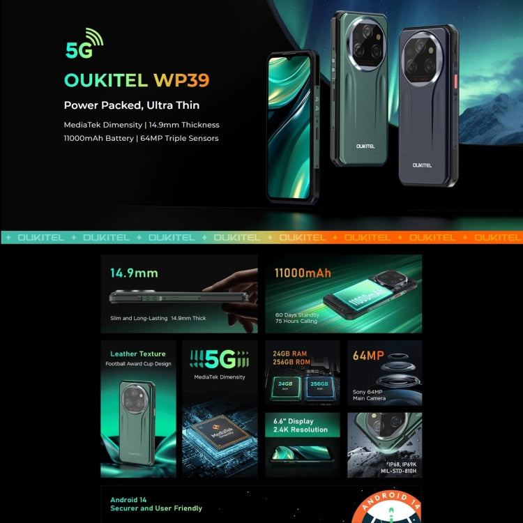 Oukitel WP39 Pro 5G Rugged Phone, 6GB+256GB, Night Vision, Fingerprint Identification, 6.6 inch MediaTek Dimensity 6100+ Octa Core, NFC, OTG, Network: 5G, WP39 5G