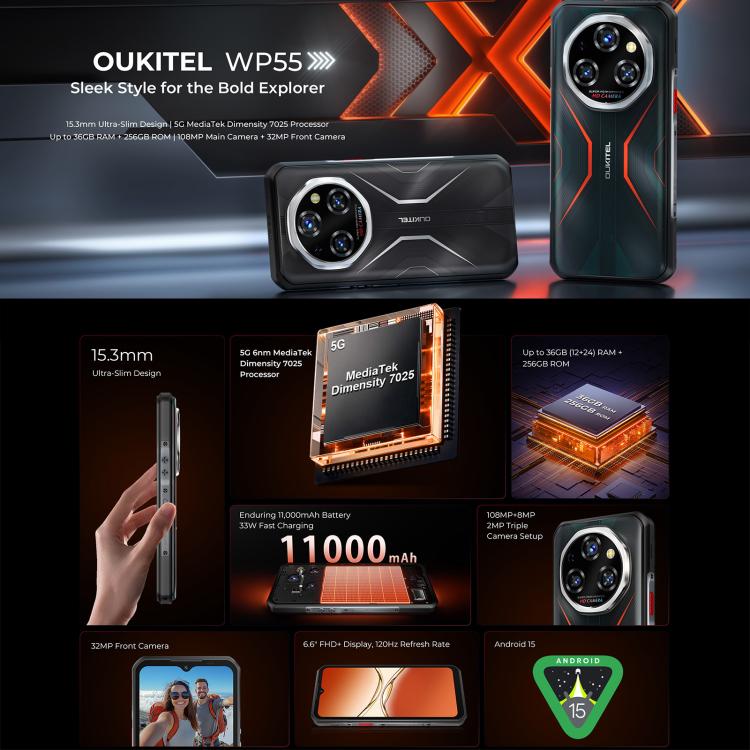Oukitel WP55 5G Rugged Phone, 12GB+256GB, 108MP Camera, Fingerprint Identification, 6.6 inch MediaTek Dimensity 7025 Octa Core, NFC, OTG, Network: 5G, WP55