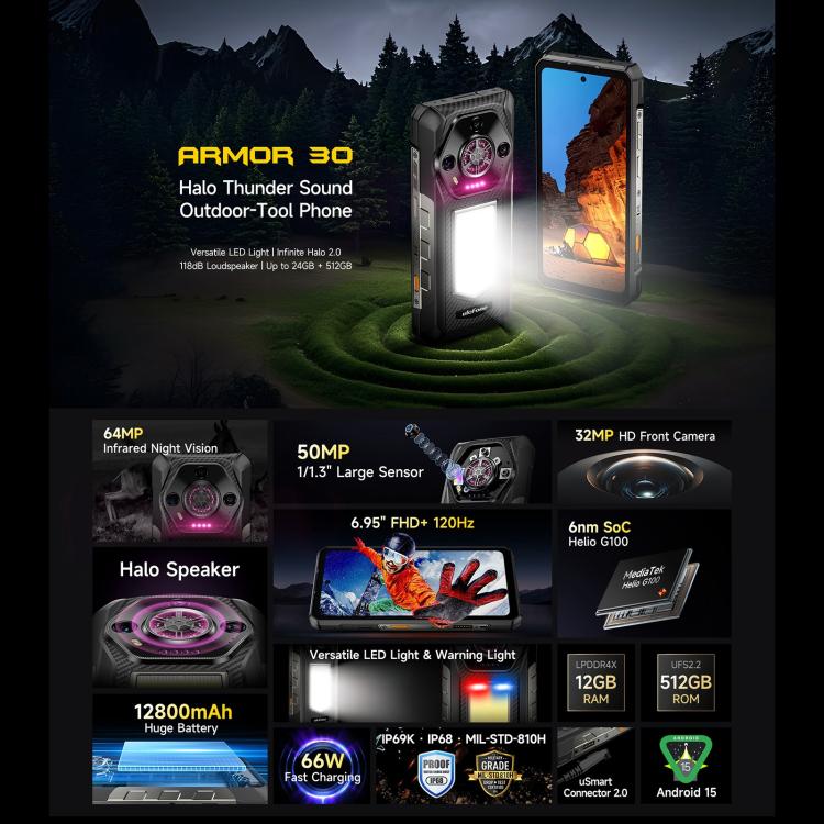 Ulefone Armor 30, 12GB+512GB, Night Vision, IP68/IP69K Rugged Phone, 6.95 inch Android 15 MediaTek Helio G100 Octa Core, Network: 4G, NFC, OTG, Armor 30