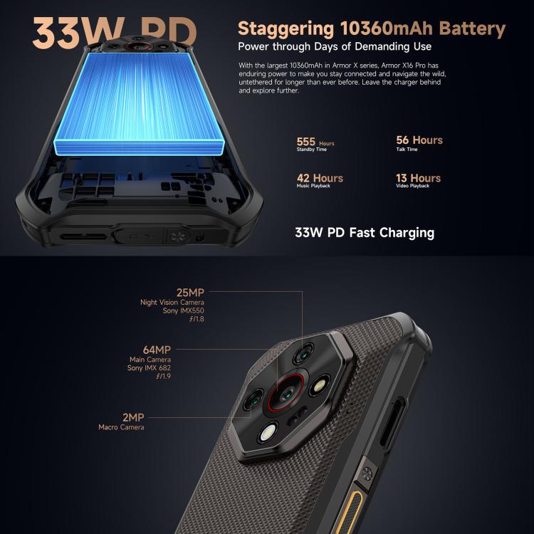 Ulefone Armor X16 Pro, 5GB+256GB, Night Vision, IP68/IP69K Rugged Phone, 6.56 inch Android 15 MediaTek Dimensity 6300 Octa Core, Network: 5G, NFC, OTG, Armor X16 Pro, 8GB+256GB