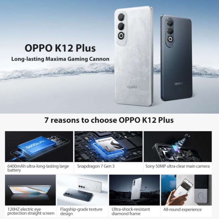 OPPO K12 Plus, 12GB+512GB, Screen Fingerprint, 6.7 inch ColorOS 14.0 Qualcomm Snapdragon 7 Gen 3 Octa Core, OTG, NFC, Network: 5G, 12GB+512GB