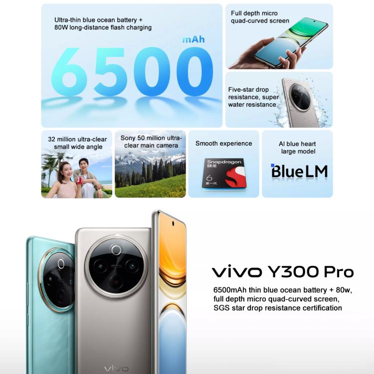 vivo Y300 Pro, 12GB+512GB, Face ID / Screen Fingerprint Identification, 6.77 inch Android 14 OriginOS 4 Snapdragon 6 Gen 1 Octa Core, OTG, Network: 5G, vivo Y300 Pro, 12GB+512GB