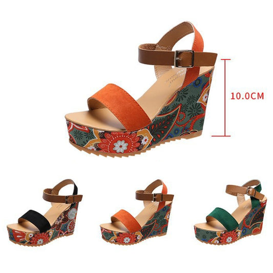 Summer Floral Fabric Slope Heel Women Sandals Comfortable Casual High Heels, 35, 36, 37, 38, 39, 40