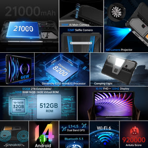 Unihertz 8849 Tank Pad Rugged Tablet PC & Projector, 16GB+512GB, 10.95 inch Android 14 Dimensity 8200 Octa Core 5G Network, EU Plug, Tank Pad 5G Network