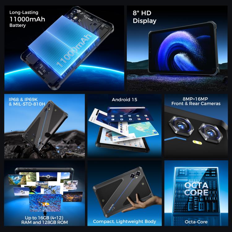 OUKITEL RT3 Plus 4G Network IP68/IP69K Rugged Tablet, 4GB+128GB, 8.0 inch Android 15 MediaTek G81 Octa-Core Support Dual SIM, EU Plug, RT3 Plus 4GB+128GB